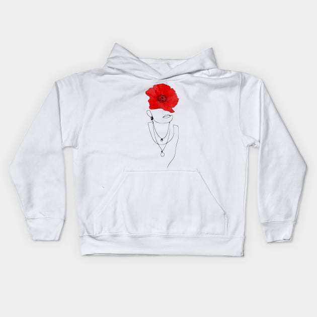 Woman face drawing with a red poppy Kids Hoodie by hedehede